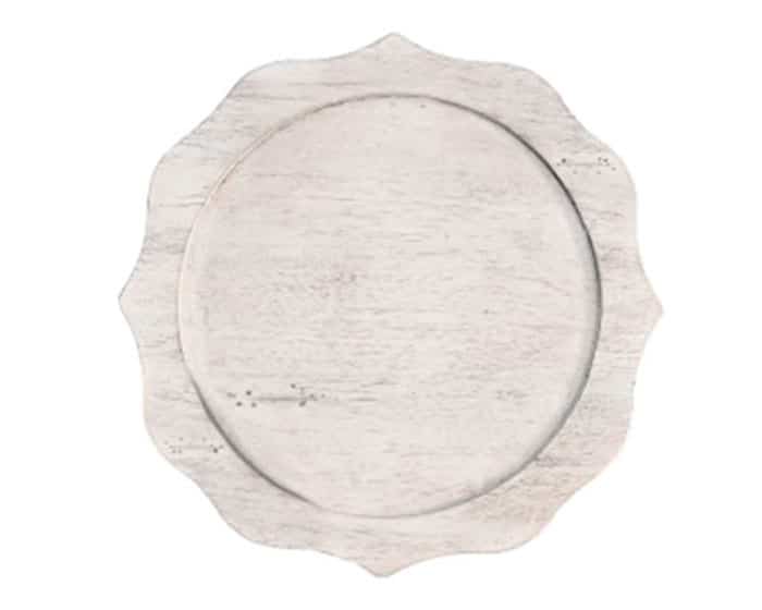 whitewashed wood scalloped reclaimed wood charger lovely luxe rentals