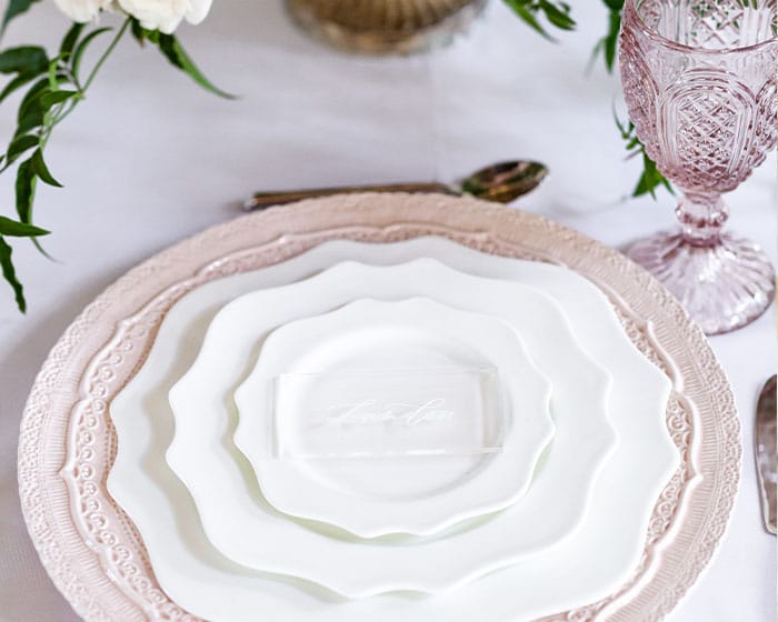 italian porcelain lace pink blush charger lovely luxe rentals